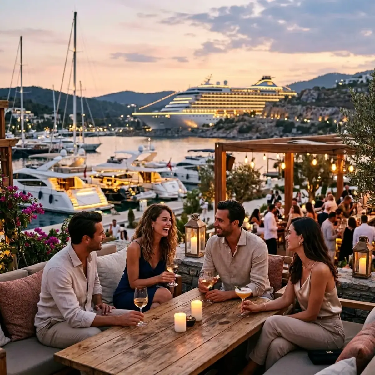 Вечерний вид на марину отеля Titanic Deluxe Bodrum