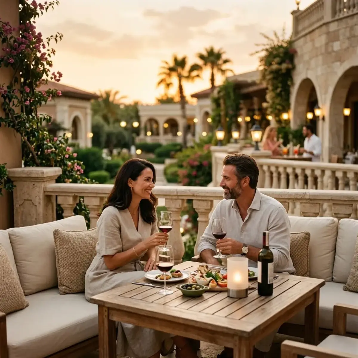 Роскошный бассейн Crystal Palace Luxury Resort на закате